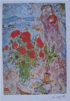 Red Bouquet with Lovers - Marc Chagall