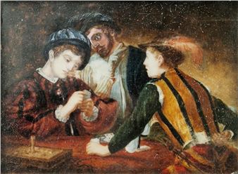 19th Century School The Card Players Watercolour on ivory - Caravaggio